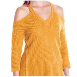 Blu Pepper Women's Mustard Cold Shoulder Sweater Frayed Edges (L)